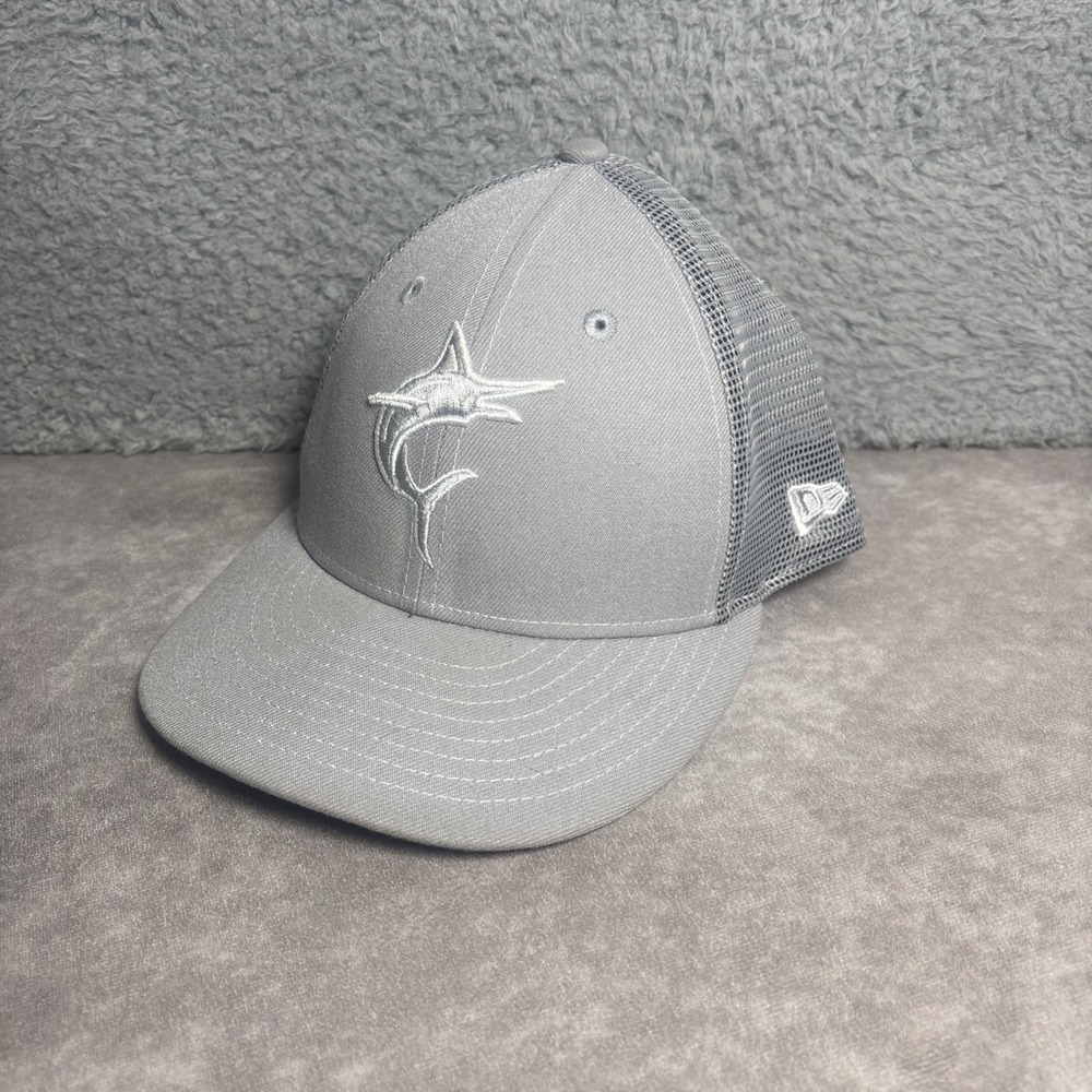 New Era 59FIFTY 7 Size 8 Low Profile Miami Marlins MLB Mesh Trucker Hat Grey